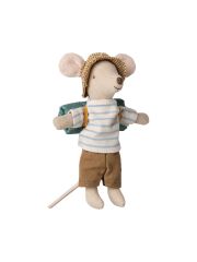 Maileg Big Sister / Big Brother Mouse - Wandermaus mit Schlafsack (hellblau geringelt)