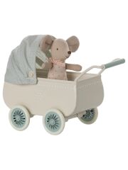 Maileg Kinderwagen mit Baby Maus (mint)