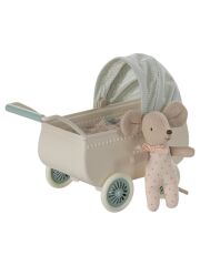 Maileg Kinderwagen mit Baby Maus (mint)
